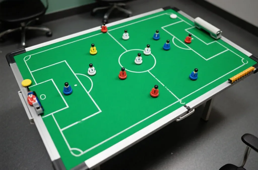 An aerial view of a green soccer tactical board with magnetic player markers and generic strategy lines drawn, professional sports analysis environment
