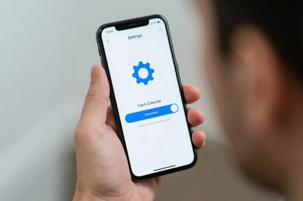 An close-up view of a hand holding a modern smartphone, displaying a clean settings interface with a gear icon and a progress bar
